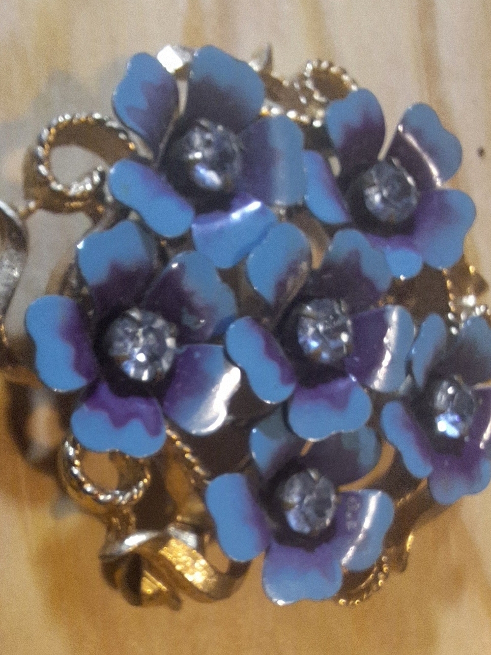 CORO Blue and Purple Enamel Flower Brooch with Crystal Centers
